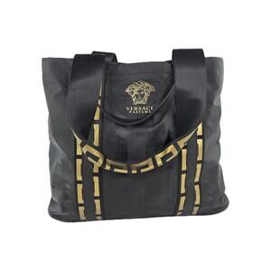 Versace Parfums Black Shoulder Bag Gold Medusa Logo Meandros Pattern Tote Bags